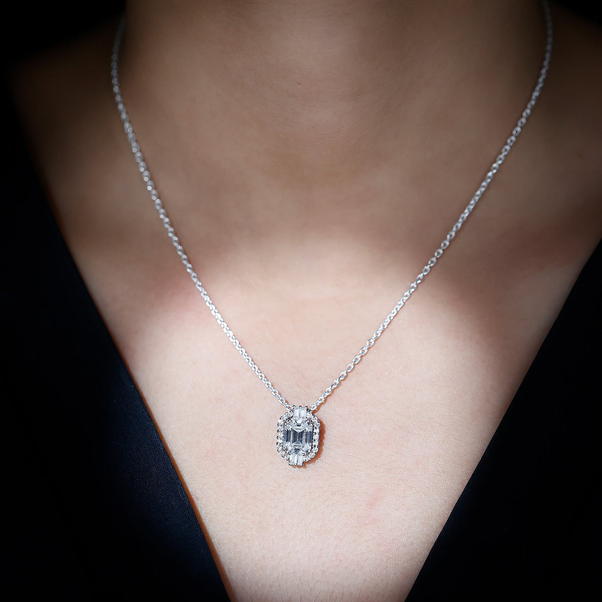 Vintage Inspired 2.8 Carat Emerald Cut Moissanite Halo Necklace