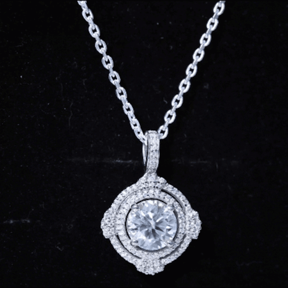 Certified 2 Carat Moissanite Double Halo Necklace with Silver Chain