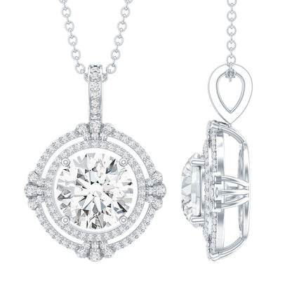 Certified 2 Carat Moissanite Double Halo Necklace with Silver Chain