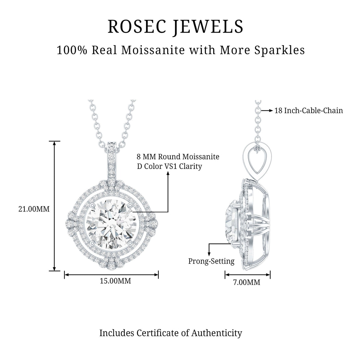 Certified 2 Carat Moissanite Double Halo Necklace with Silver Chain