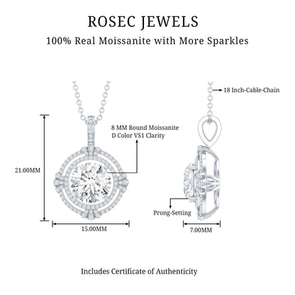 Certified 2 Carat Moissanite Double Halo Necklace with Silver Chain