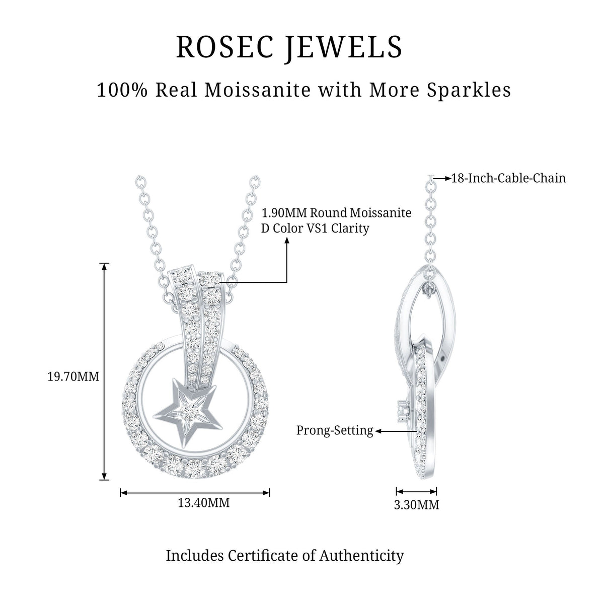 Certified Moissanite Shooting Star Pendant with Silver Chain