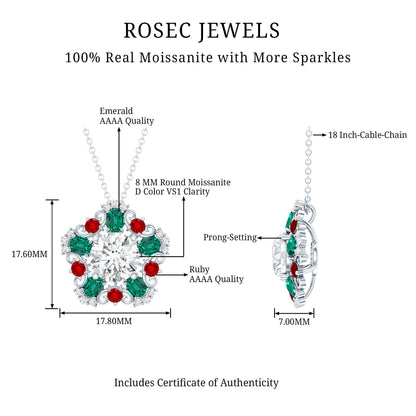 Certified 2 Carat Moissanite Statement Necklace with Lab Ruby and Emerald