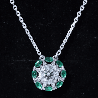 2 Carat Moissanite Statement Halo Necklace with Lab Grown Emerald