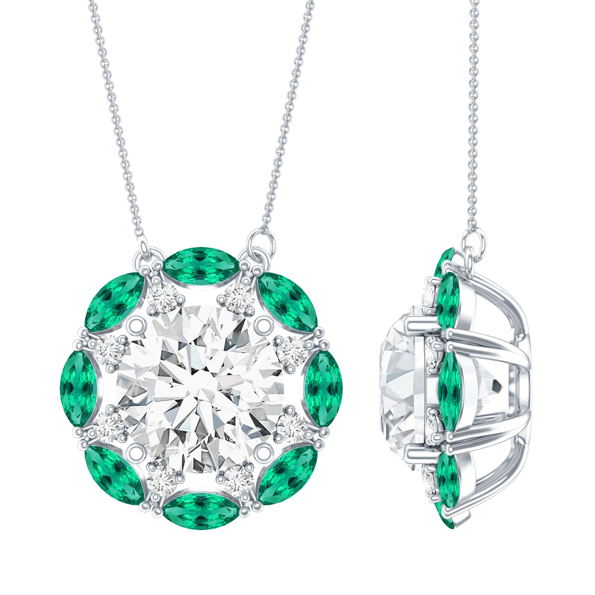 2 Carat Moissanite Statement Halo Necklace with Lab Grown Emerald