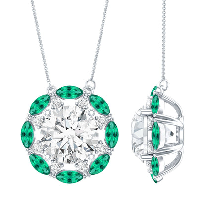 2 Carat Moissanite Statement Halo Necklace with Lab Grown Emerald
