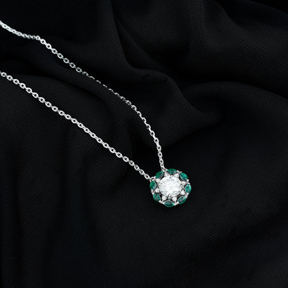 2 Carat Moissanite Statement Halo Necklace with Lab Grown Emerald