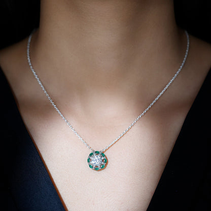 2 Carat Moissanite Statement Halo Necklace with Lab Grown Emerald
