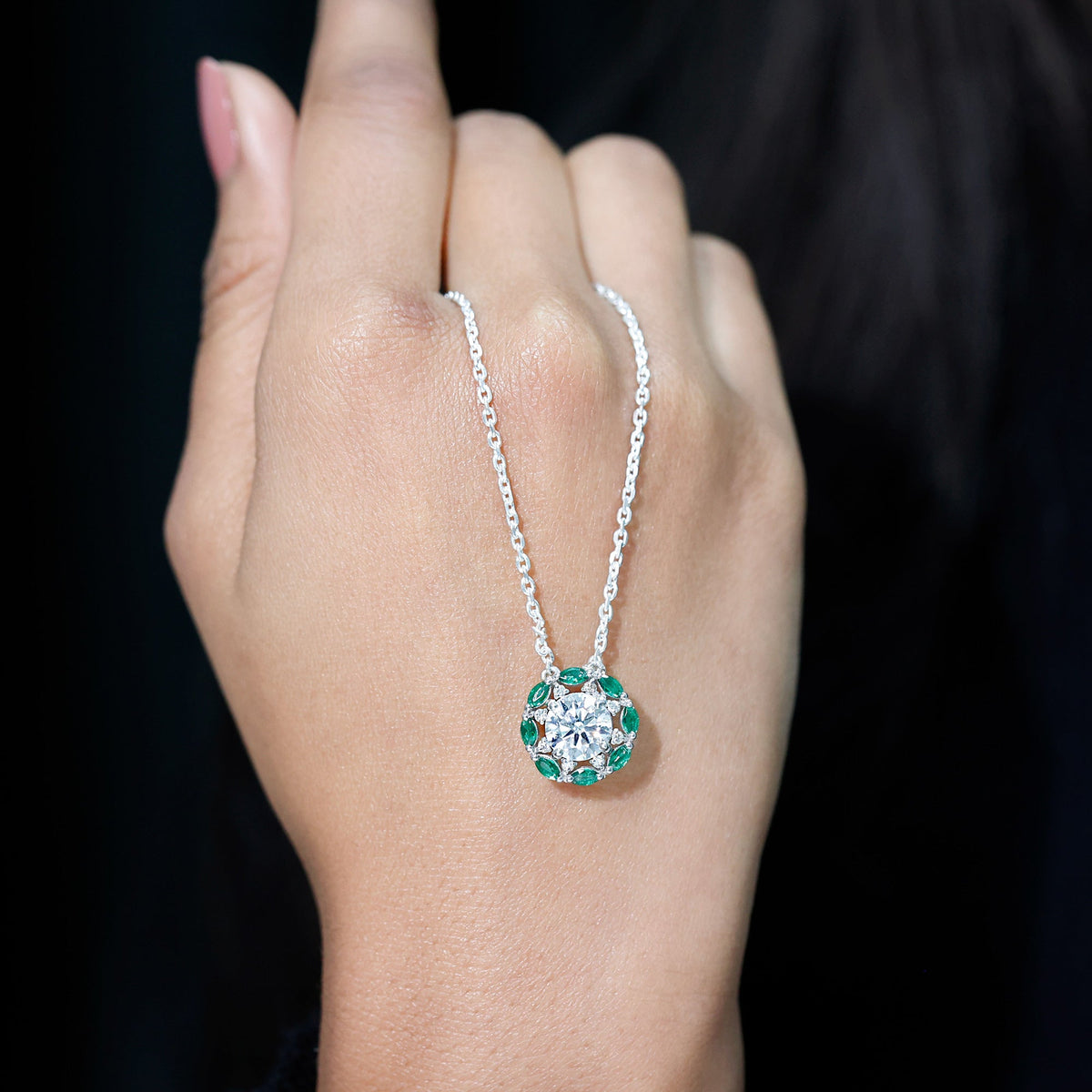 2 Carat Moissanite Statement Halo Necklace with Lab Grown Emerald