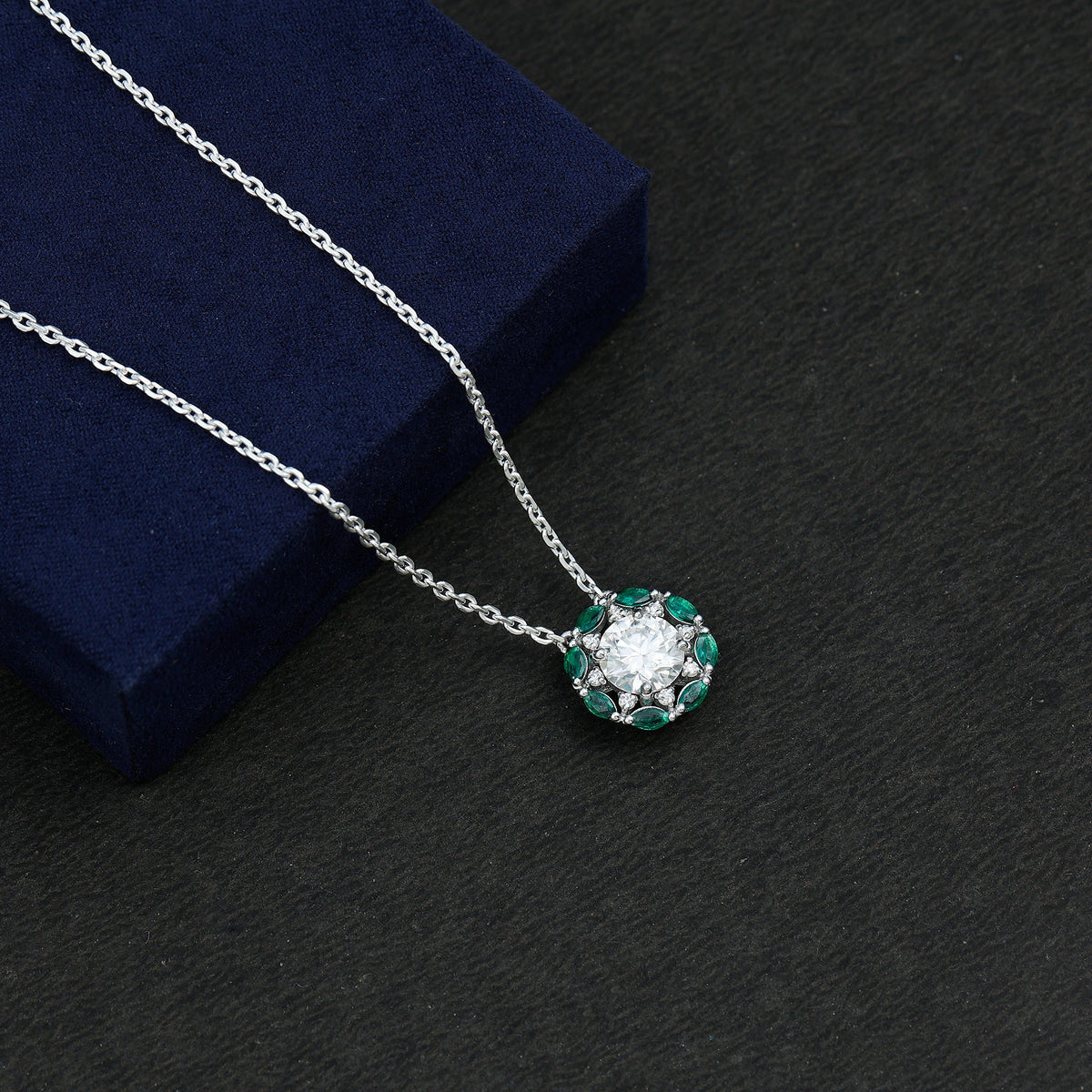2 Carat Moissanite Statement Halo Necklace with Lab Grown Emerald