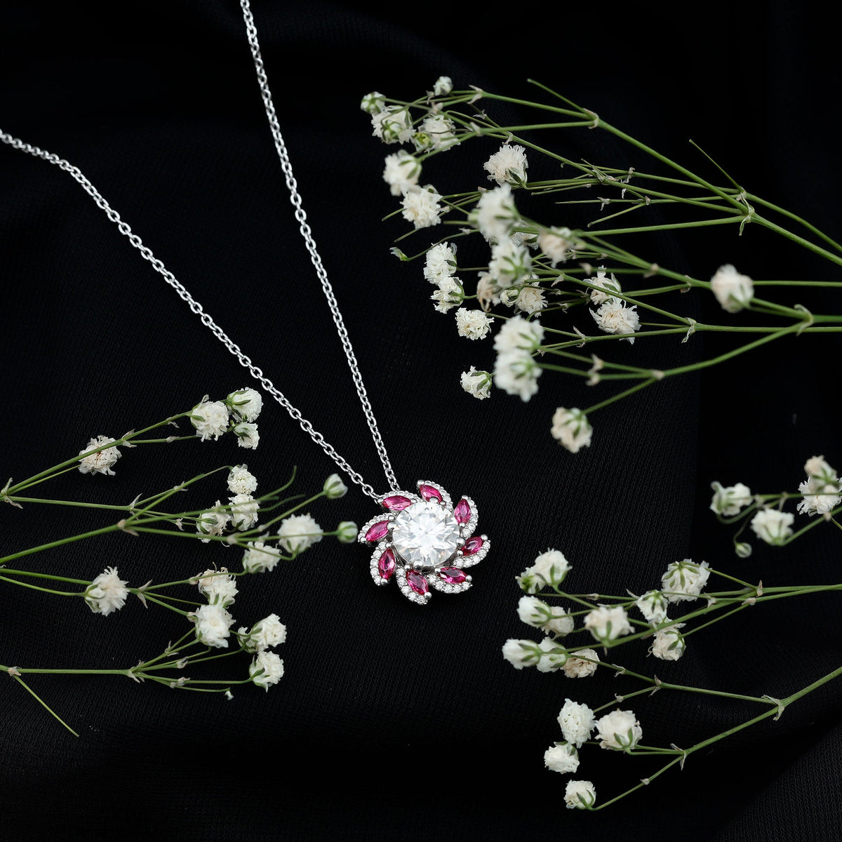 2 Carat Moissanite and Lab Ruby Flower Pendant Necklace
