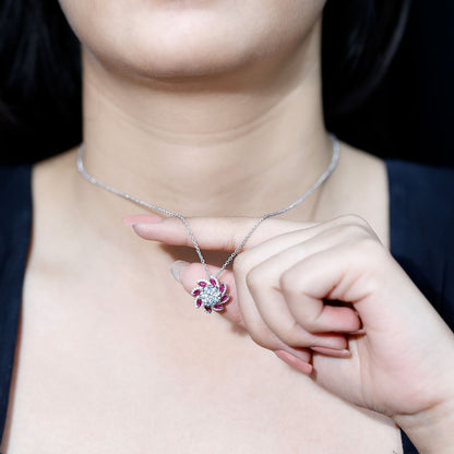 2 Carat Moissanite and Lab Ruby Flower Pendant Necklace