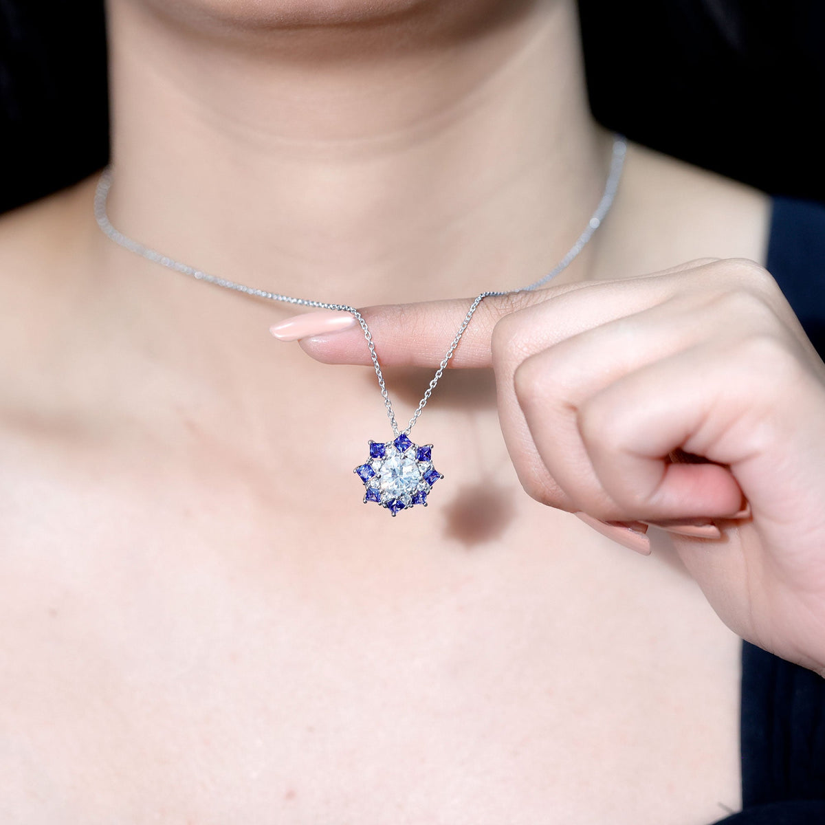 Certified 2 Carat Moissanite and Sapphire Designer Necklace with Silver Chain