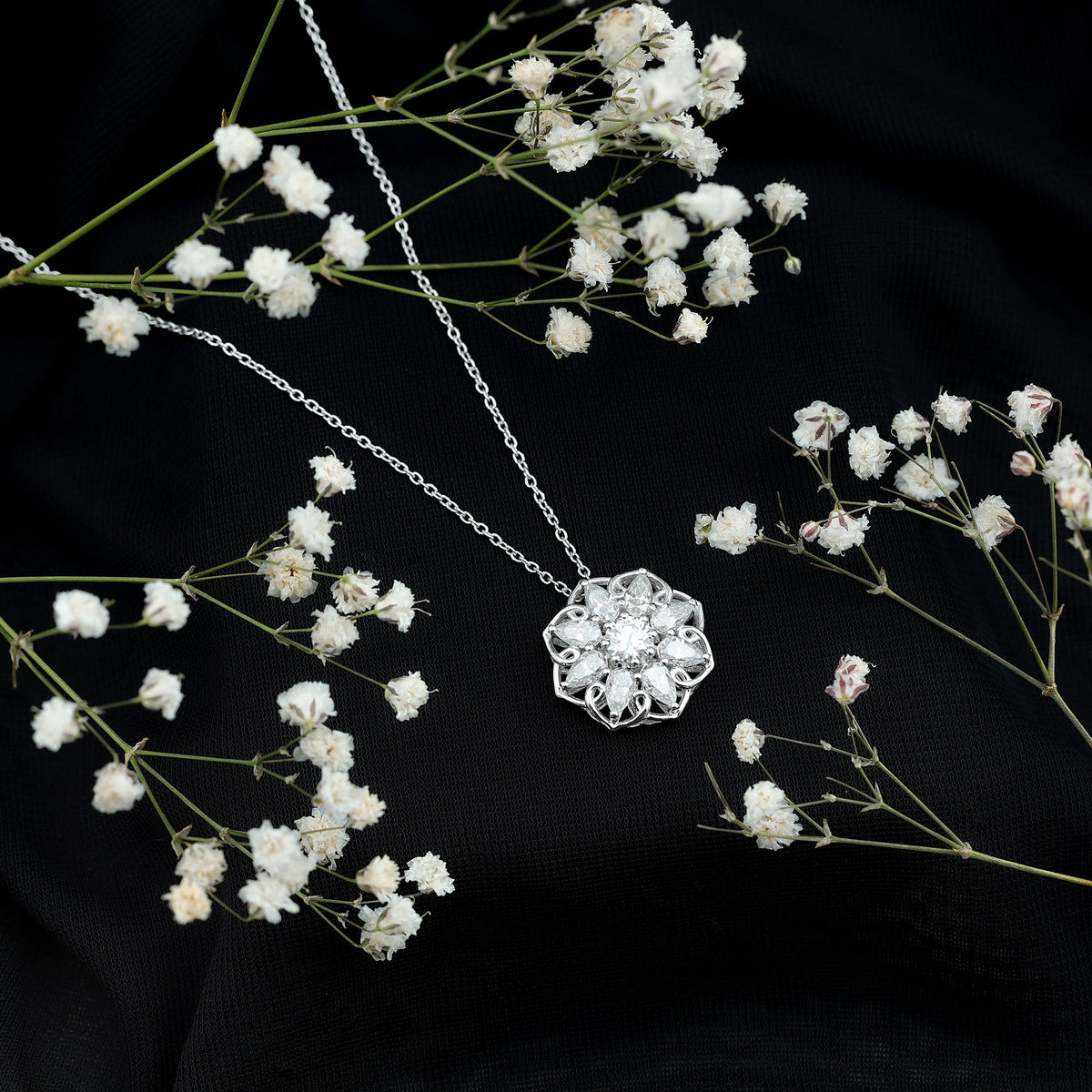 Certified Moissanite Flower Pendant Necklace with Chain