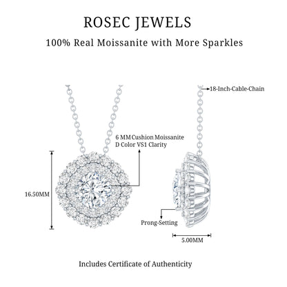 Certified Moissanite Double Halo Pendant Necklace with Silver Chain