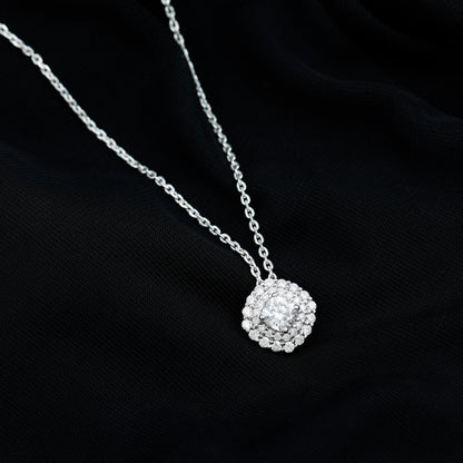 Certified Moissanite Double Halo Pendant Necklace with Silver Chain