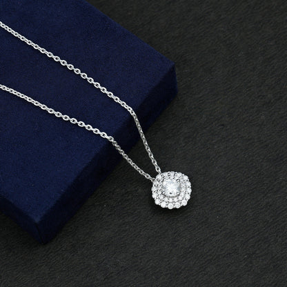 Certified Moissanite Double Halo Pendant Necklace with Silver Chain