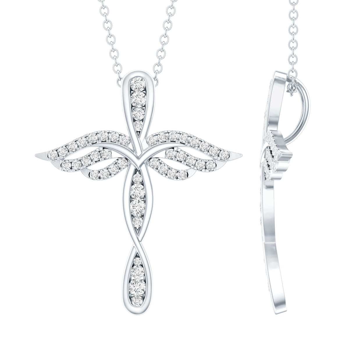 Certified Moissanite Angel Wings Cross Necklace with Silver Chain