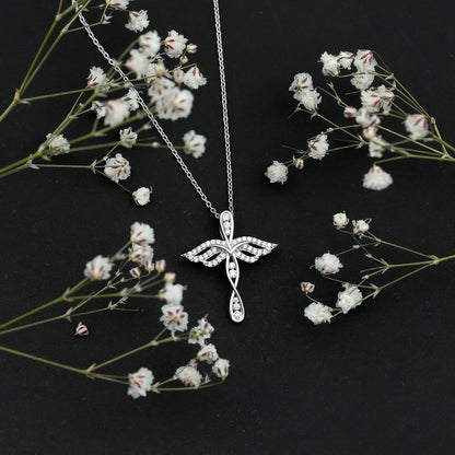 Certified Moissanite Angel Wings Cross Necklace with Silver Chain