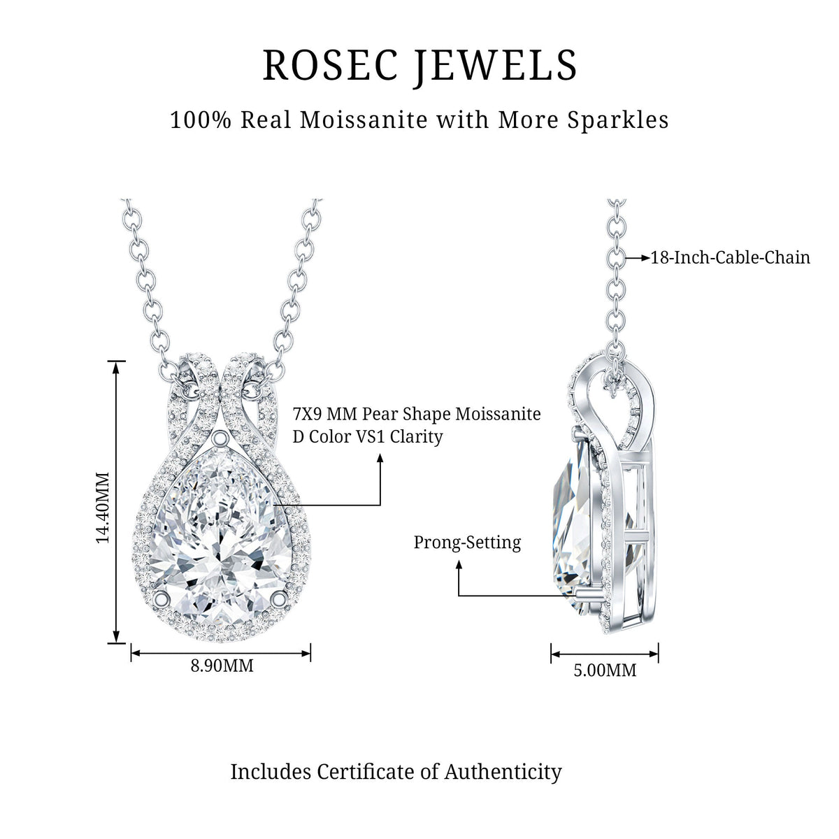 Certified 1.4 Carat Moissanite Teardrop Wedding Necklace with Silver Chain