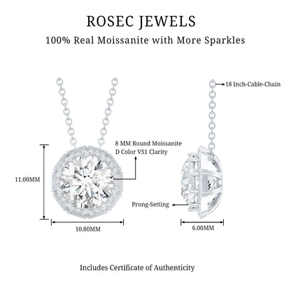 Certified 2 Carat Round Moissanite Designer Necklace with Silver Chain