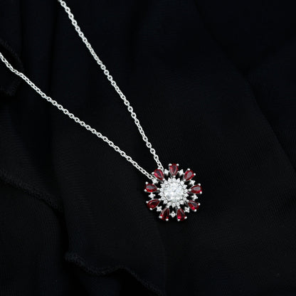 Certified 1.3 Carat Moissanite Statement Flower Necklace with Lab Grown Ruby
