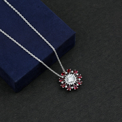 Certified 1.3 Carat Moissanite Statement Flower Necklace with Lab Grown Ruby