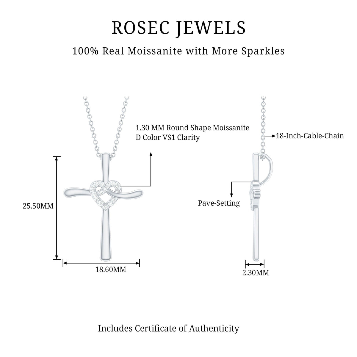 Certified Moissanite Cross Heart Pendant Necklace with Silver Chain