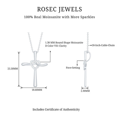 Certified Moissanite Cross Heart Pendant Necklace with Silver Chain