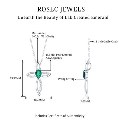 Pear Shape Lab Emerald Cross Locket with Silver Chain