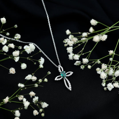 Pear Shape Lab Emerald Cross Locket with Silver Chain