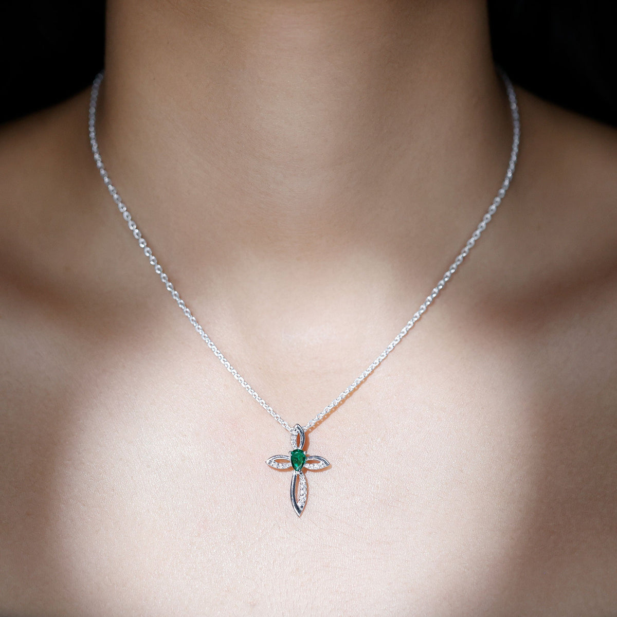 Pear Shape Lab Emerald Cross Locket with Silver Chain