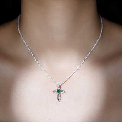 Pear Shape Lab Emerald Cross Locket with Silver Chain