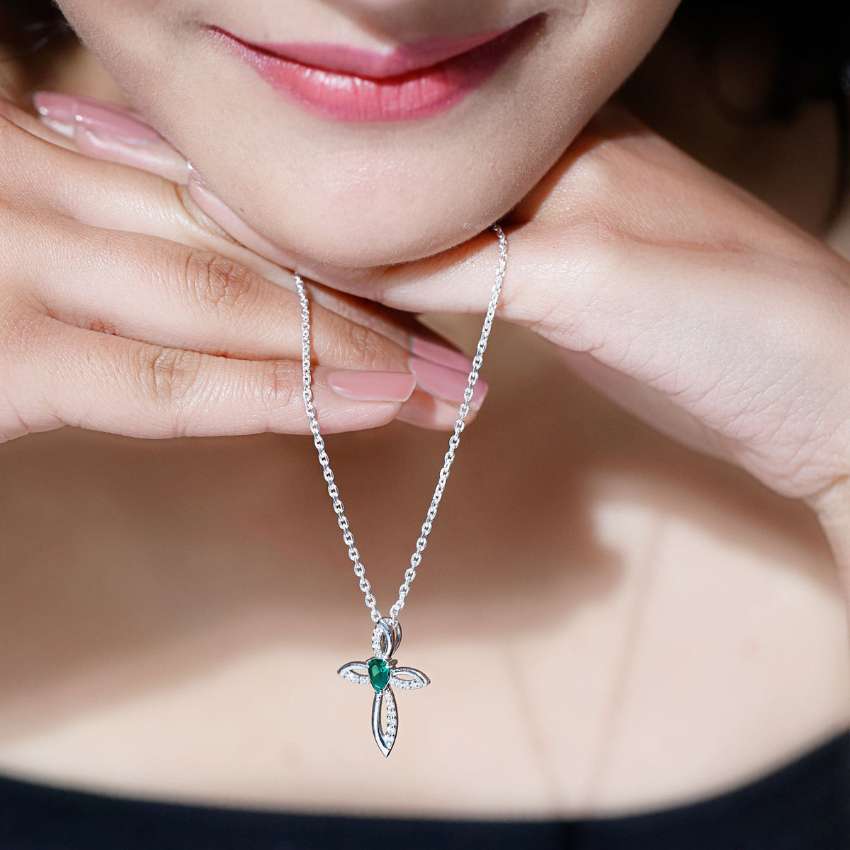 Pear Shape Lab Emerald Cross Locket with Silver Chain