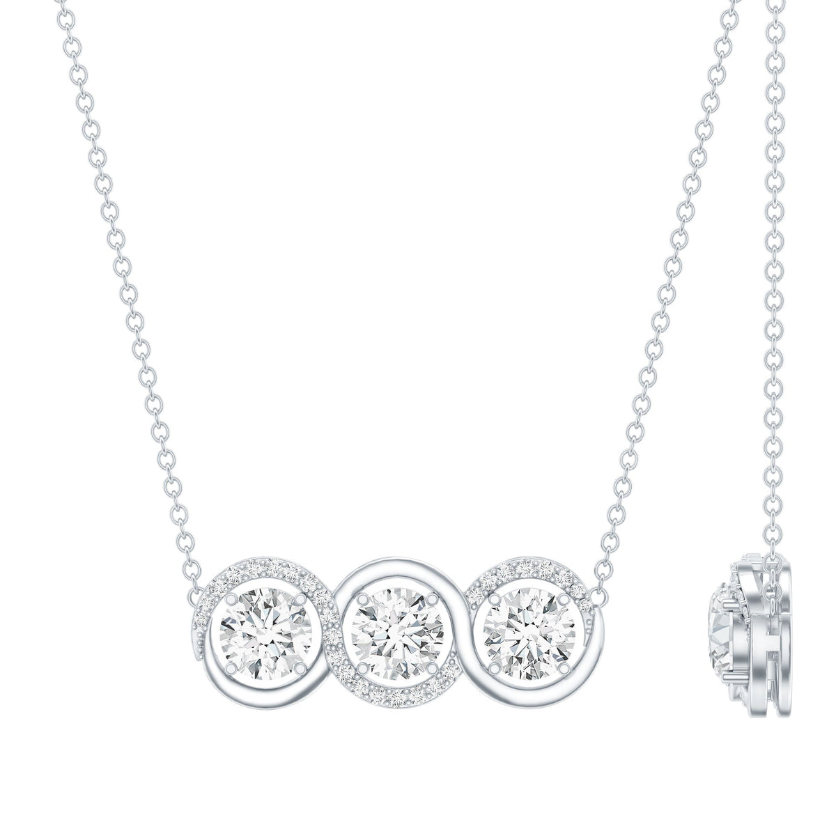 Certified Round Moissanite 3 Stone Bar Necklace with Silver Chain