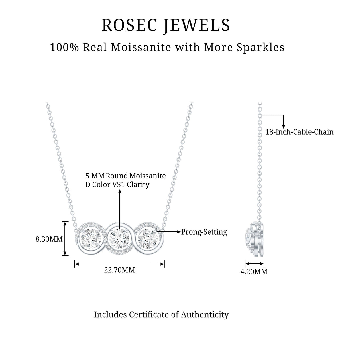 Certified Round Moissanite 3 Stone Bar Necklace with Silver Chain