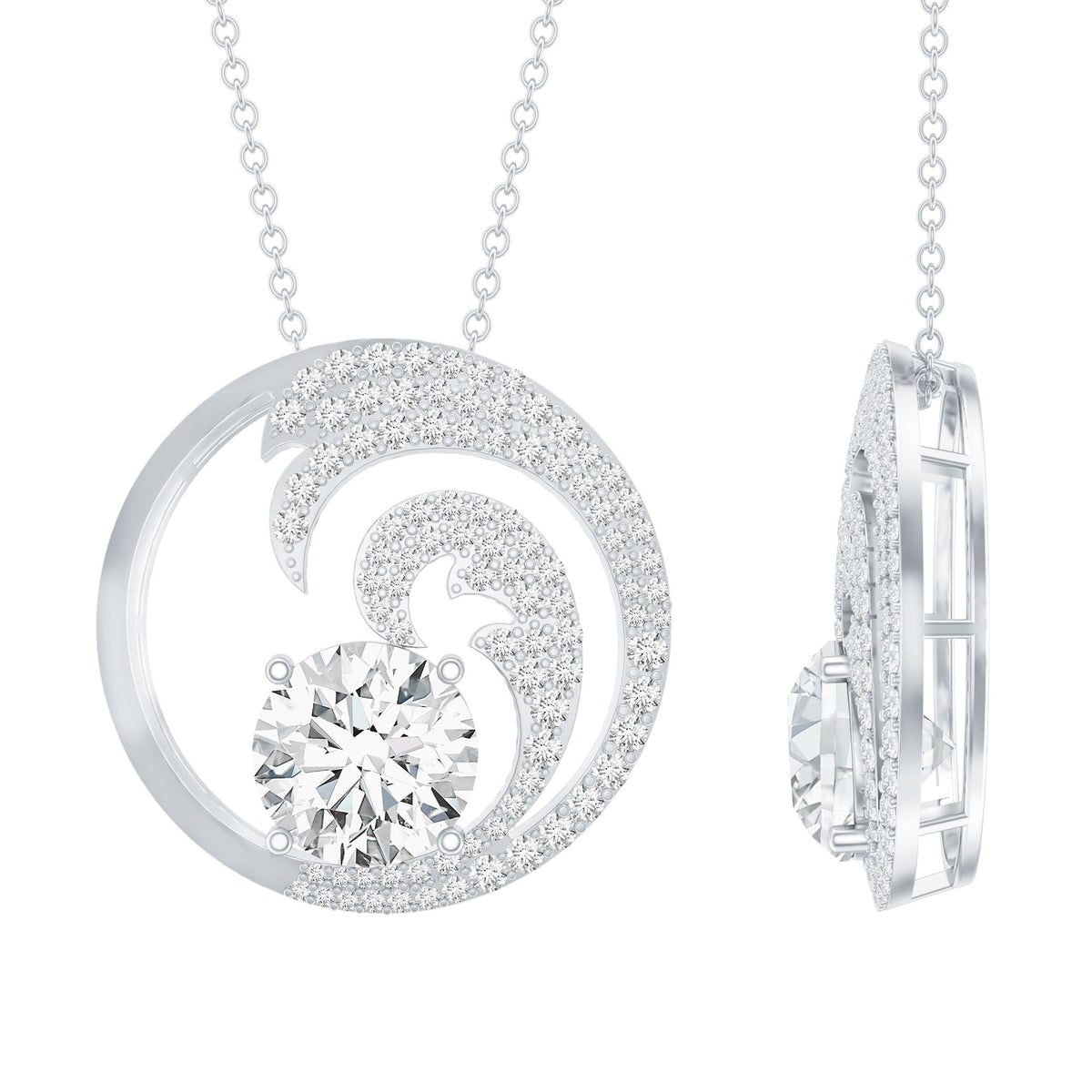 Certified Moissanite Ocean Wave Necklace with Silver Chain