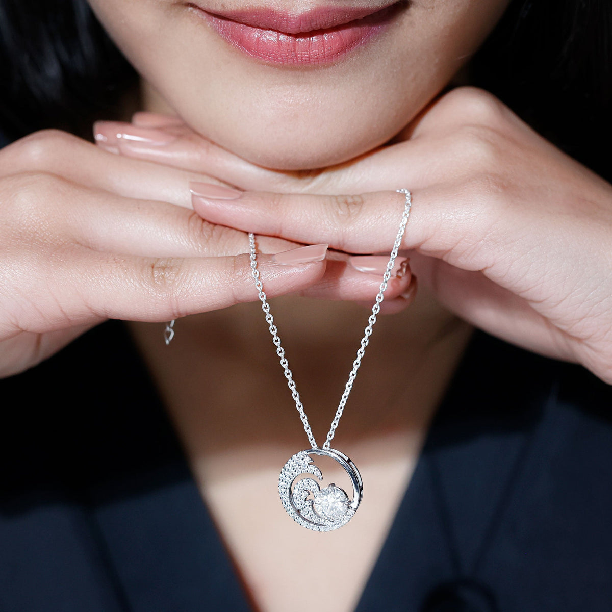 Certified Moissanite Ocean Wave Necklace with Silver Chain