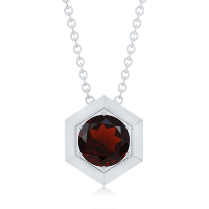Solitaire Garnet Hexagonal Pendant Necklace
