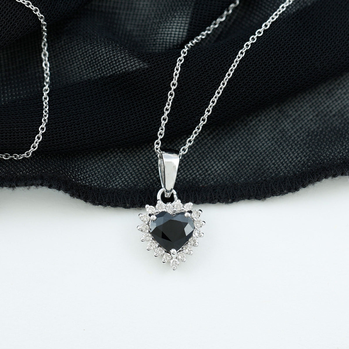 Natural Black Spinel Heart Shape Necklace with Moissanite Halo