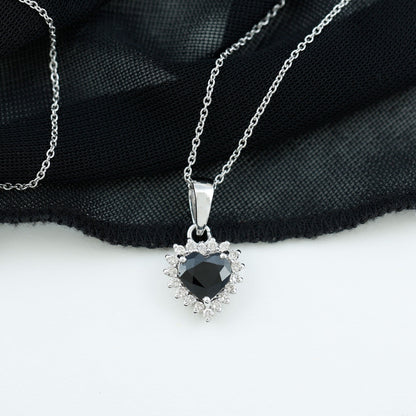 Natural Black Spinel Heart Shape Necklace with Moissanite Halo