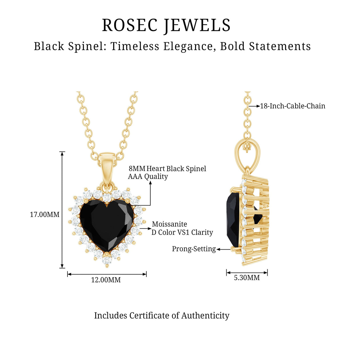 Natural Black Spinel Heart Shape Necklace with Moissanite Halo
