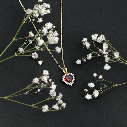 Garnet Heart Pendant Necklace with Moissanite Halo