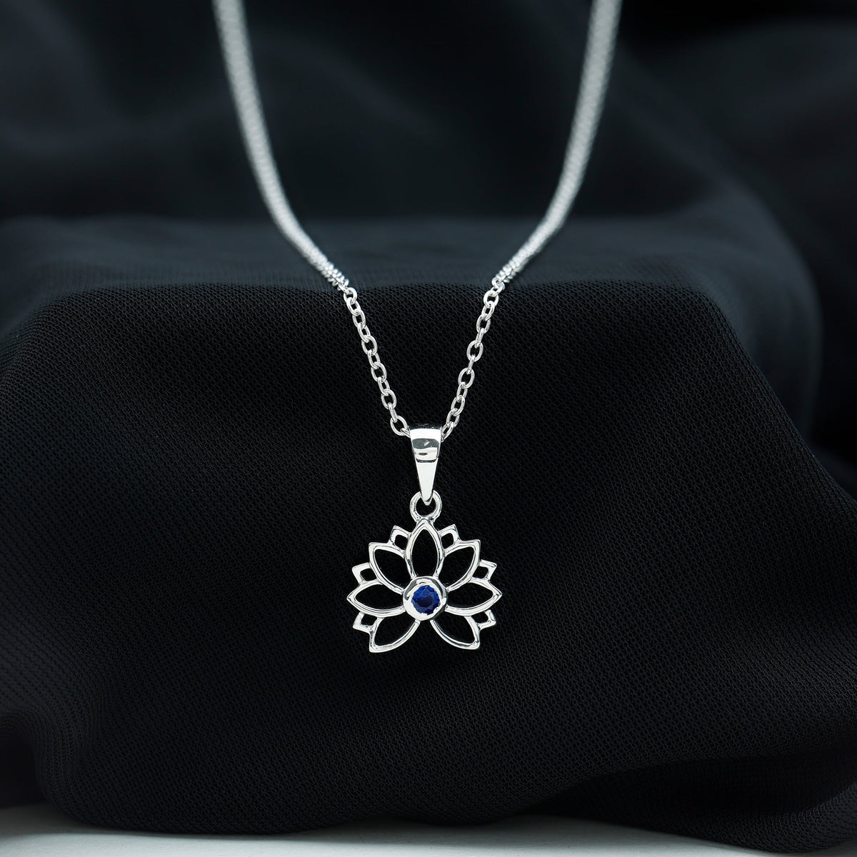 Lab Grown Blue Sapphire Lotus Flower Necklace With Chain