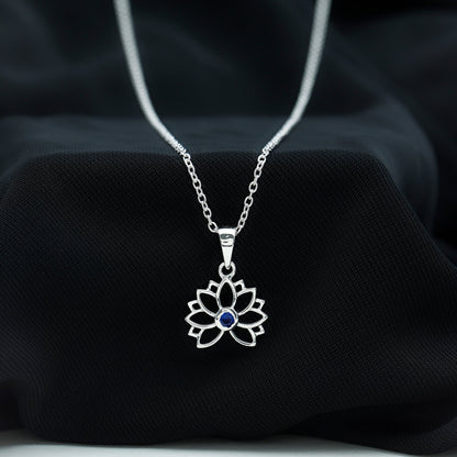 Lab Grown Blue Sapphire Lotus Flower Necklace With Chain
