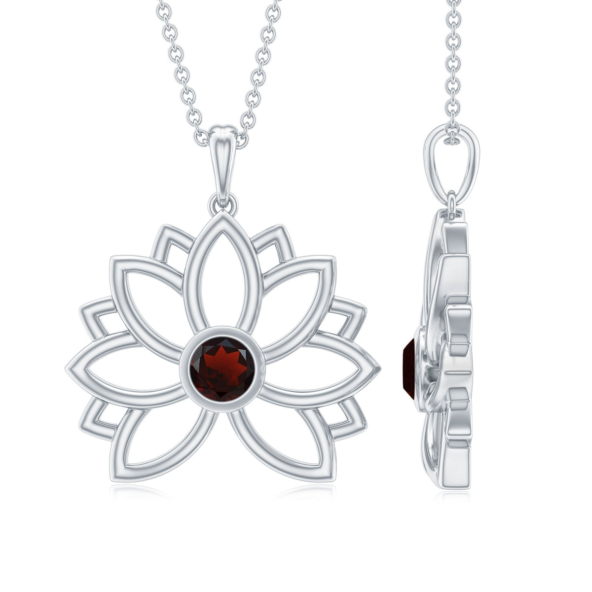 Bezel Set Garnet Lotus Floral Pendant Necklace