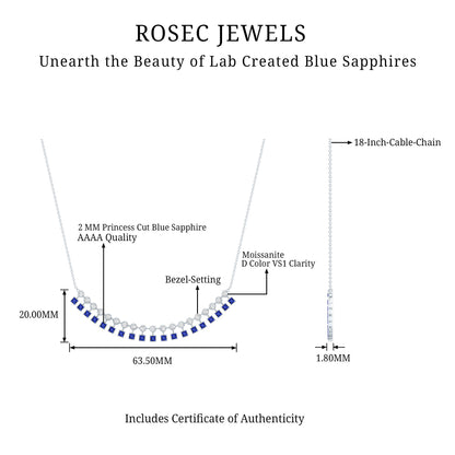 Princess Cut Lab Grown Blue Sapphire Statement Necklace With Certificate