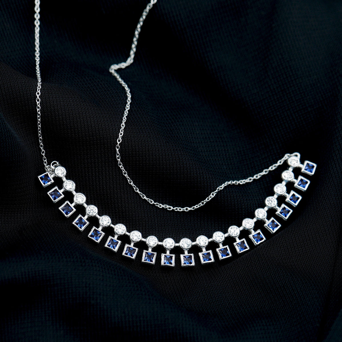 Princess Cut Lab Grown Blue Sapphire Statement Necklace With Certificate