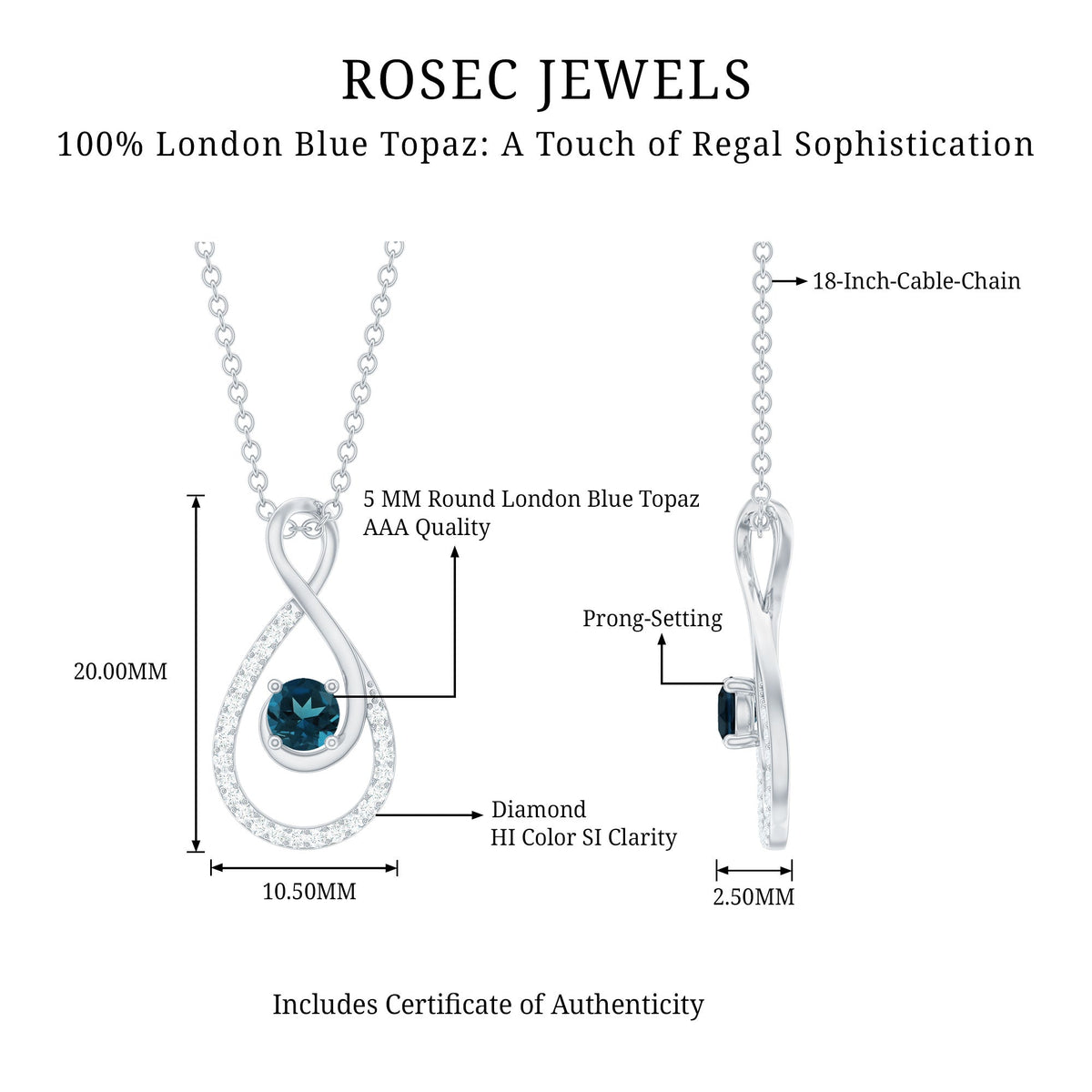 Real London Blue Topaz Infinity Necklace with Diamond