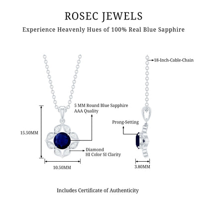 Genuine Blue Sapphire Flower Pendant Necklace with Diamond